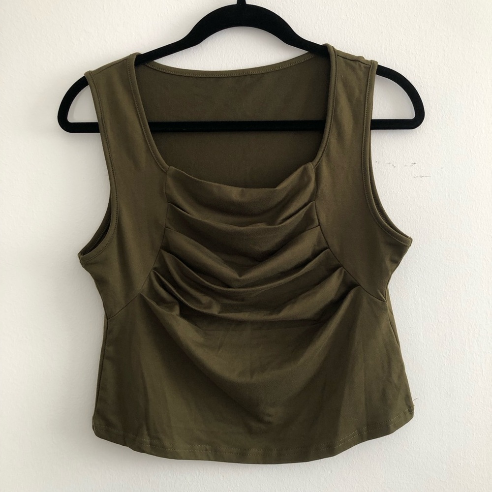 Sleeveless Olive Green Ruched Front Tank Top